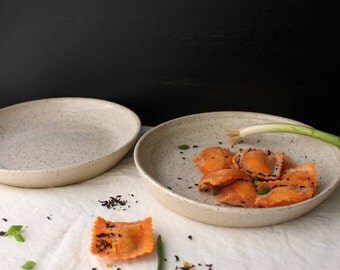 2 HANDMADE White stoneware ceramic pasta plates