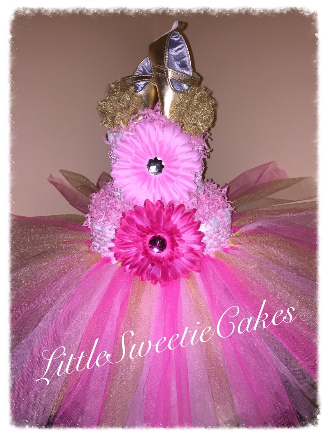 Pink And Gold Tutu Centerpiece : Tier pink and gold tutu diaper cake princess
