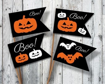 Halloween printable decor Party FLAGS - Halloween sign - Printable Cupcake topper with pumpkins ORANGE