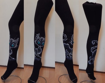Coraline Cat Tights, Cat Leggings, Black Cat Leggings, Cat's Paw Tights, Hand Painted tights