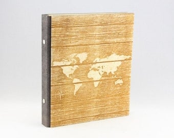 World Map Ring Binder, A5, A4 Travel Fan Gift, Wooden Ring Binder, Laser Engraved Travel Notebook, Craft Scrapbook, Travel Organizer