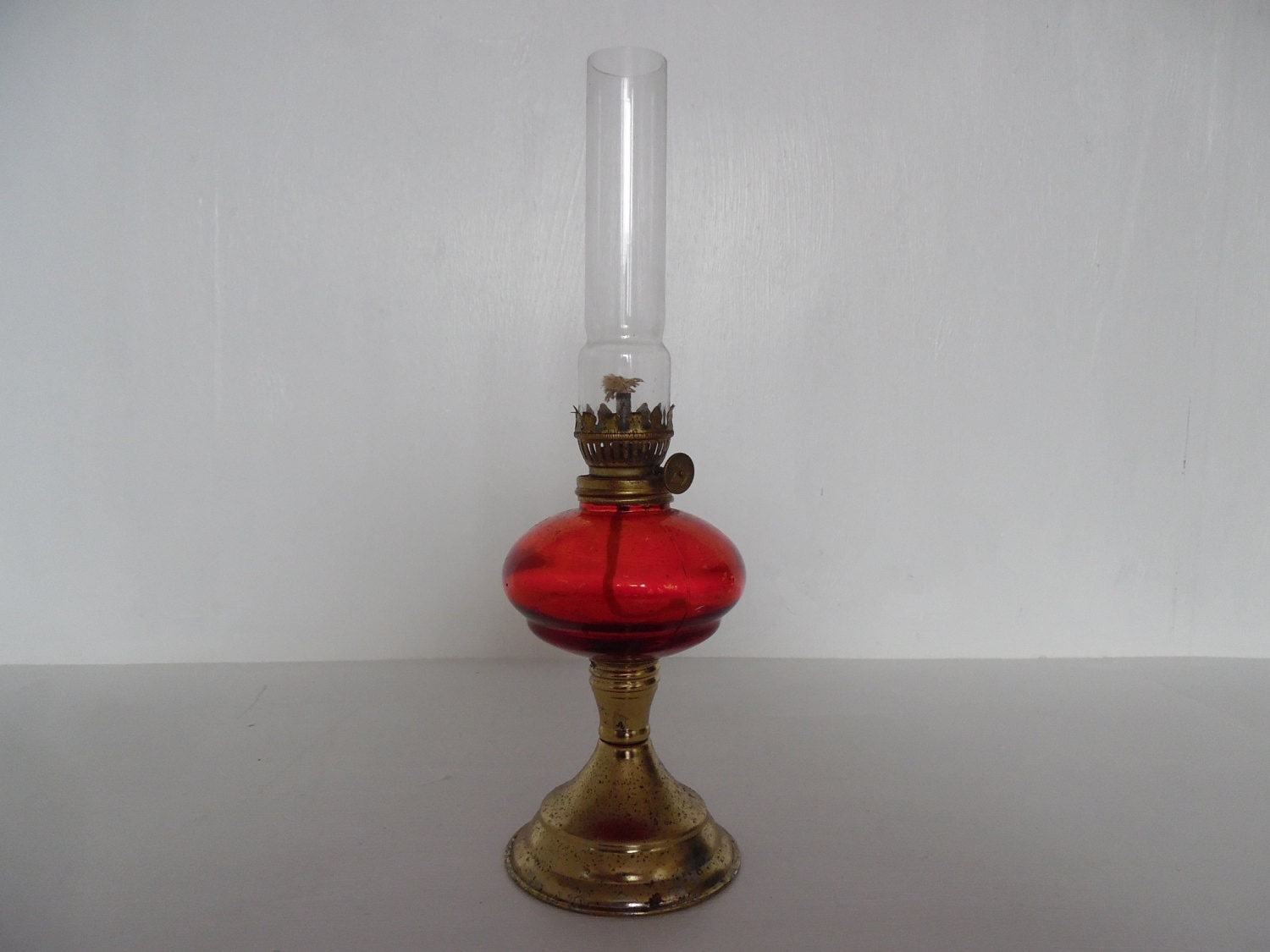 Red glass oil lamp boho small brass tone