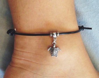 Turtle Anklet / Boho Anklet, Hippie Anklet, Beach Anklet, Cord Anklet, Black Cord Anklet, Hipster Anklet, Charm Anklet, Boho Turtle Anklet