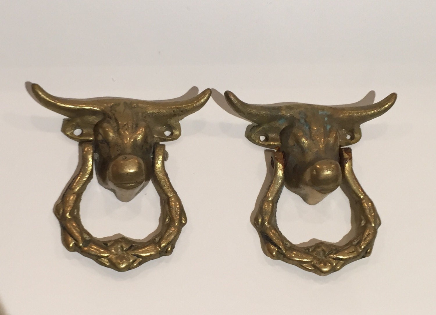 2 Vintage Farmhouse Brass Bull Head Salvaged Furniture Pulls – Haute Juice
