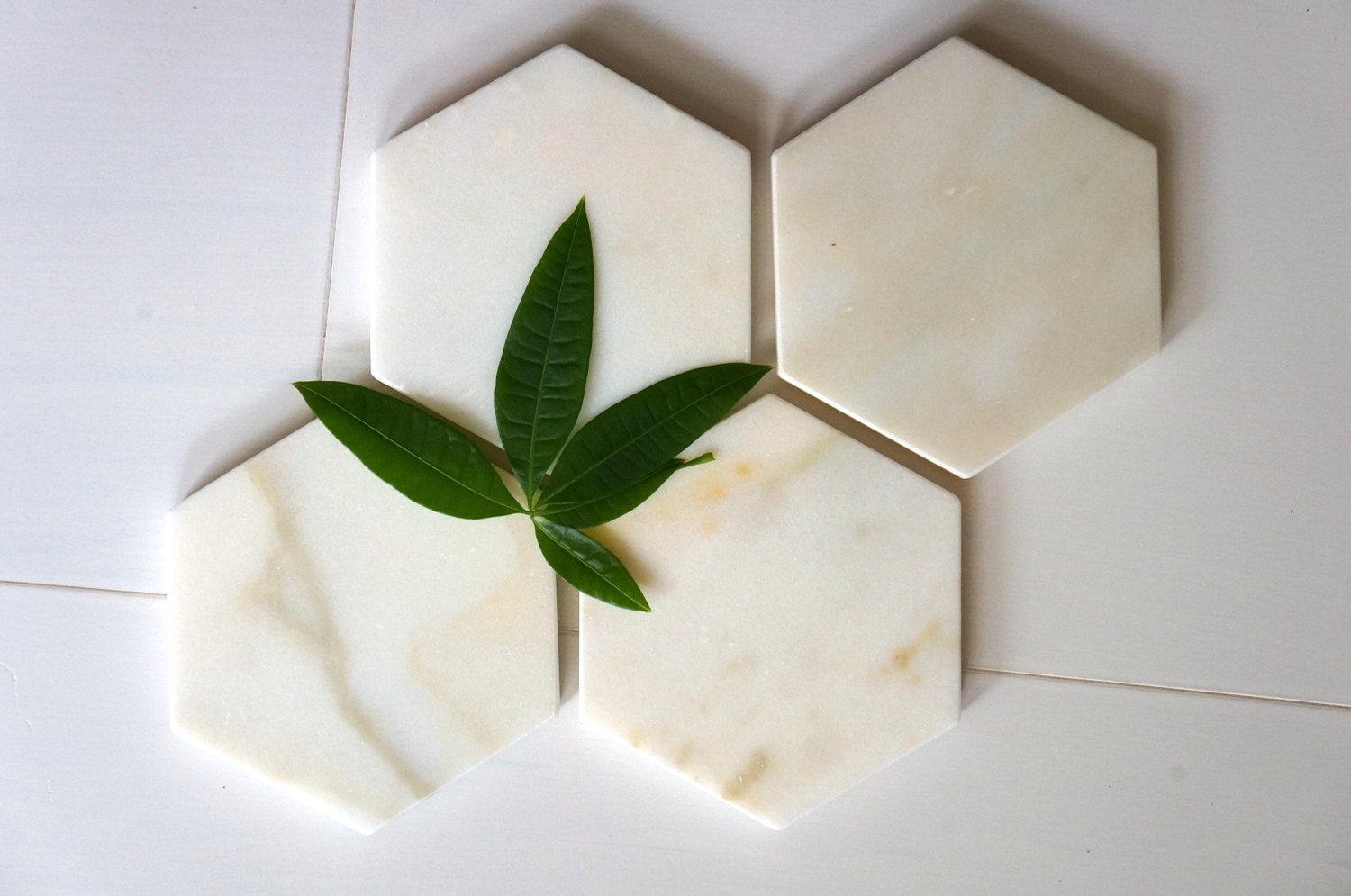 Green Marble Hexagon Coasters. Calacatta Gold by MeAConcrete