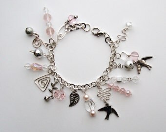 Dainty Pink & Silver Handcrafted Charm Bracelet, bird jewelry, charm bracelet, dainty jewelry, pink jewelry, pink bracelet, wirework jewelry