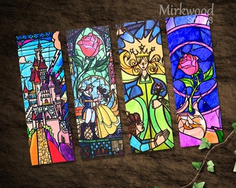 Beauty and the Beast Stained Glass Bookmarks | Colorful Beauty and the Beast Printable Bookmarks Set of 4 | Castle and Rose Stained Glass
