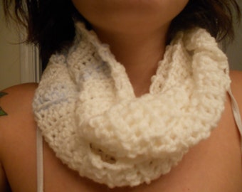 White with Baby Blue Stripes Crocheted Infinite Scarf
