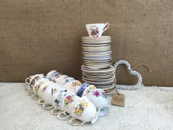 Job Lot 60 Pieces Vintage China - 20 Mismatch China Tea Trios for Weddings & Events / Mix and Match China Tea Cups, Saucers and Side Plates