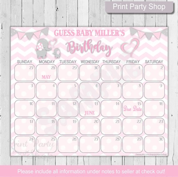 Elephant Baby Shower Calendar Printable Elephant Due Date