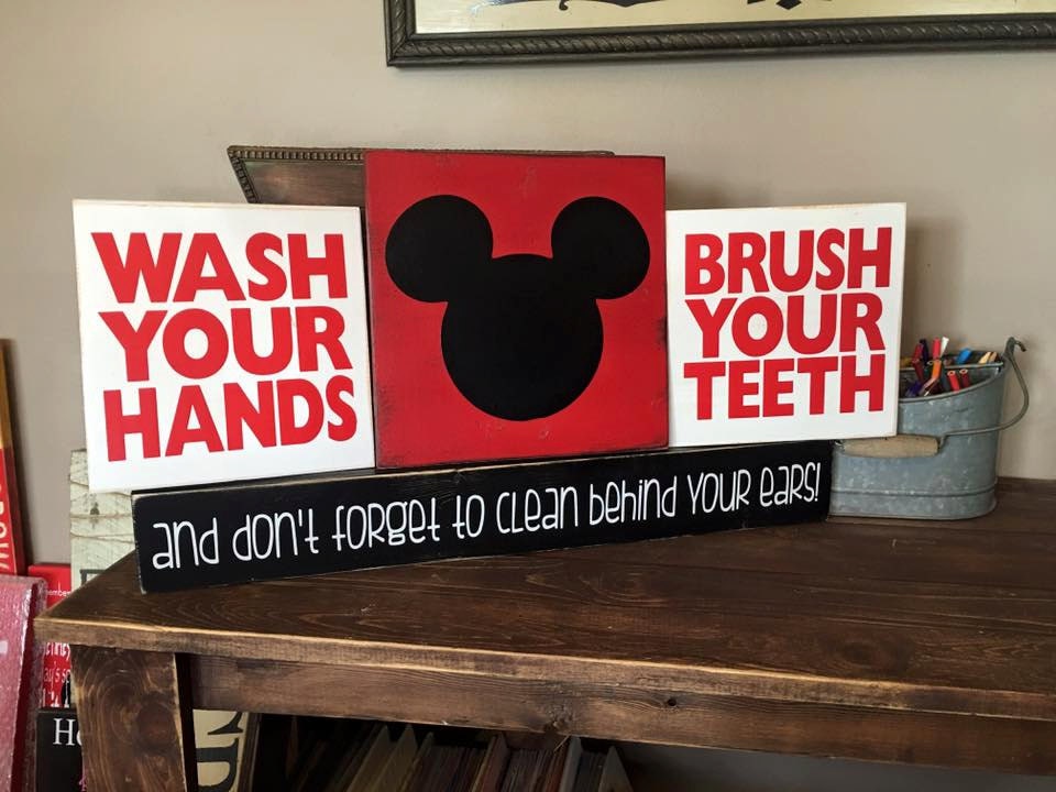 Mickey Mouse Wash Your Hands Brush Your Teeth Bathroom Signs