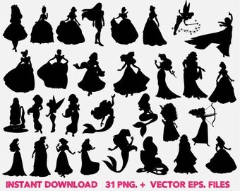 Disney princess Silhouettes clipart, Clip Art,T shirt, iron on, sticker, Vectors files
