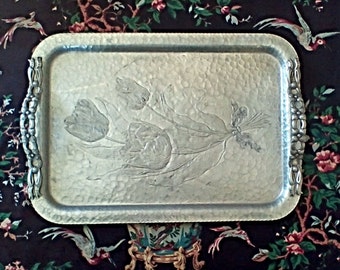 Silver Serving Tray with Engraved Tulips