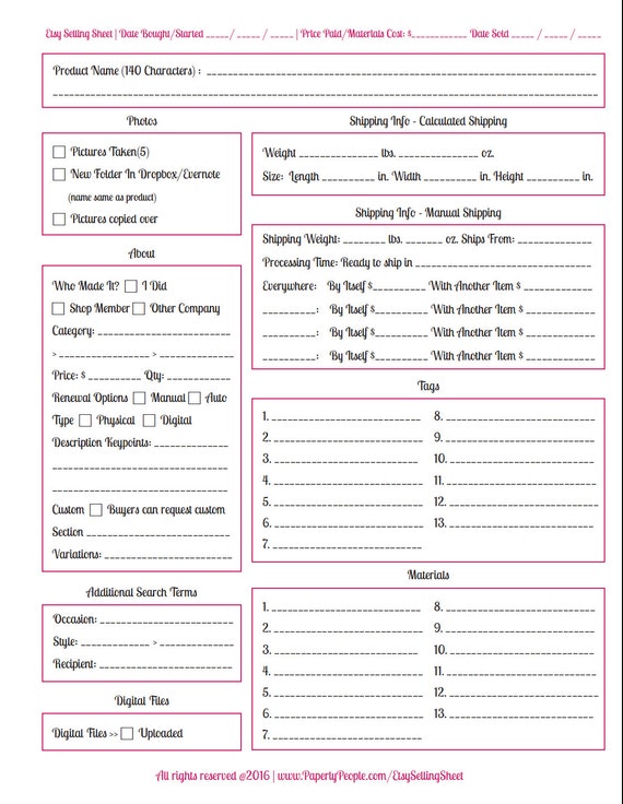 Etsy Products Listing Sheet Etsy Seller Form Listing Template Etsy Template For Etsy Seller S Net Sheet Template