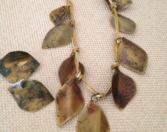 80's Martha Sturdy Necklace, Abstract Hammered Brass Leaf Necklace Set, Designer Statement Choker with Earrings -Rare!