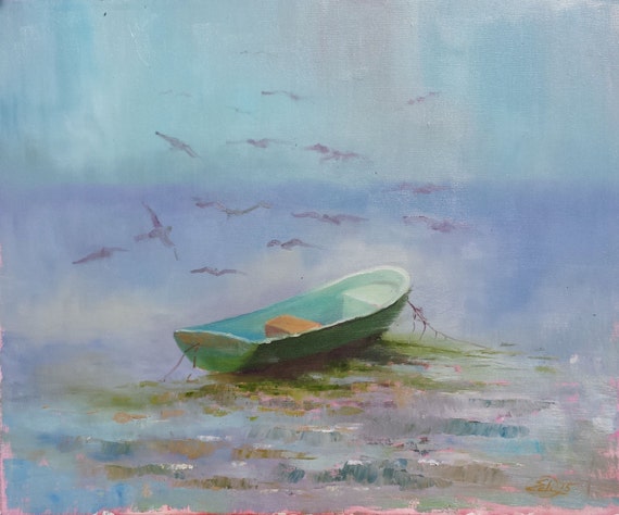 Original Oil Painting Boat and seagulls 50 x 60 cm by KatyArtMir