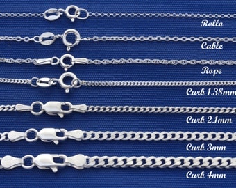 Sterling silver Italian chains, 925 solid sterling chains, Choose Rolo, rope, cable silver chain, Thick curb silver chain. From 16" to 36"