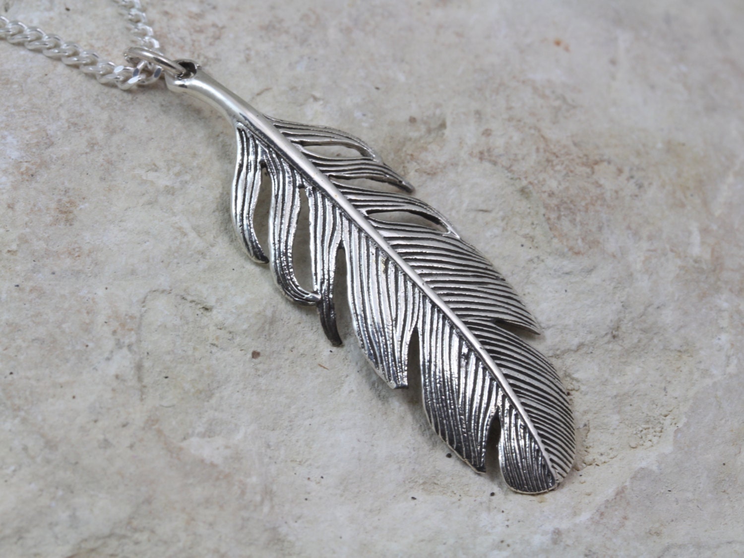 Sterling Silver Feather Necklace Large sterling silver