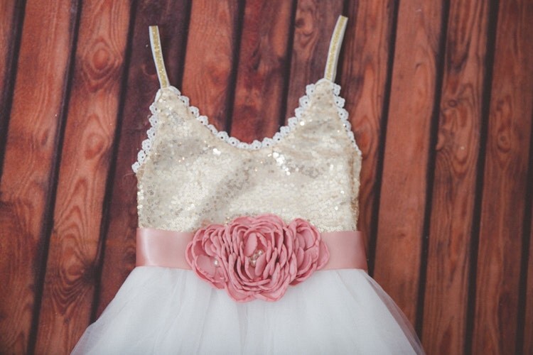 White Flower Girl Dress Gold sequin dress by NicolettesCouture