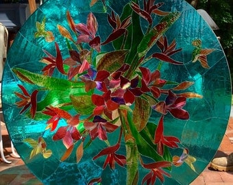 Floral and Hummingbirds Stained Glass Table Top
