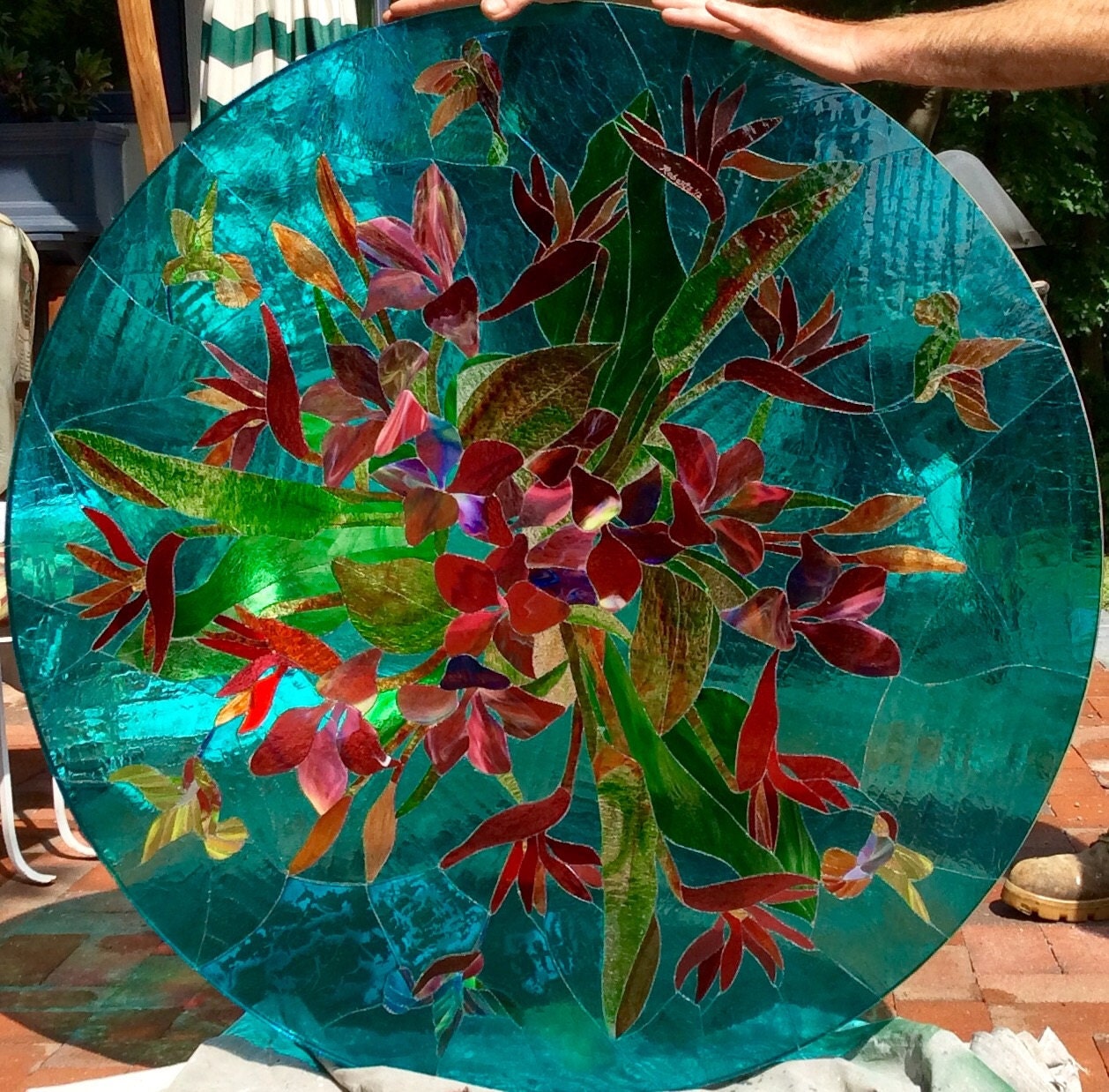 Floral and Hummingbirds Stained Glass Table Top