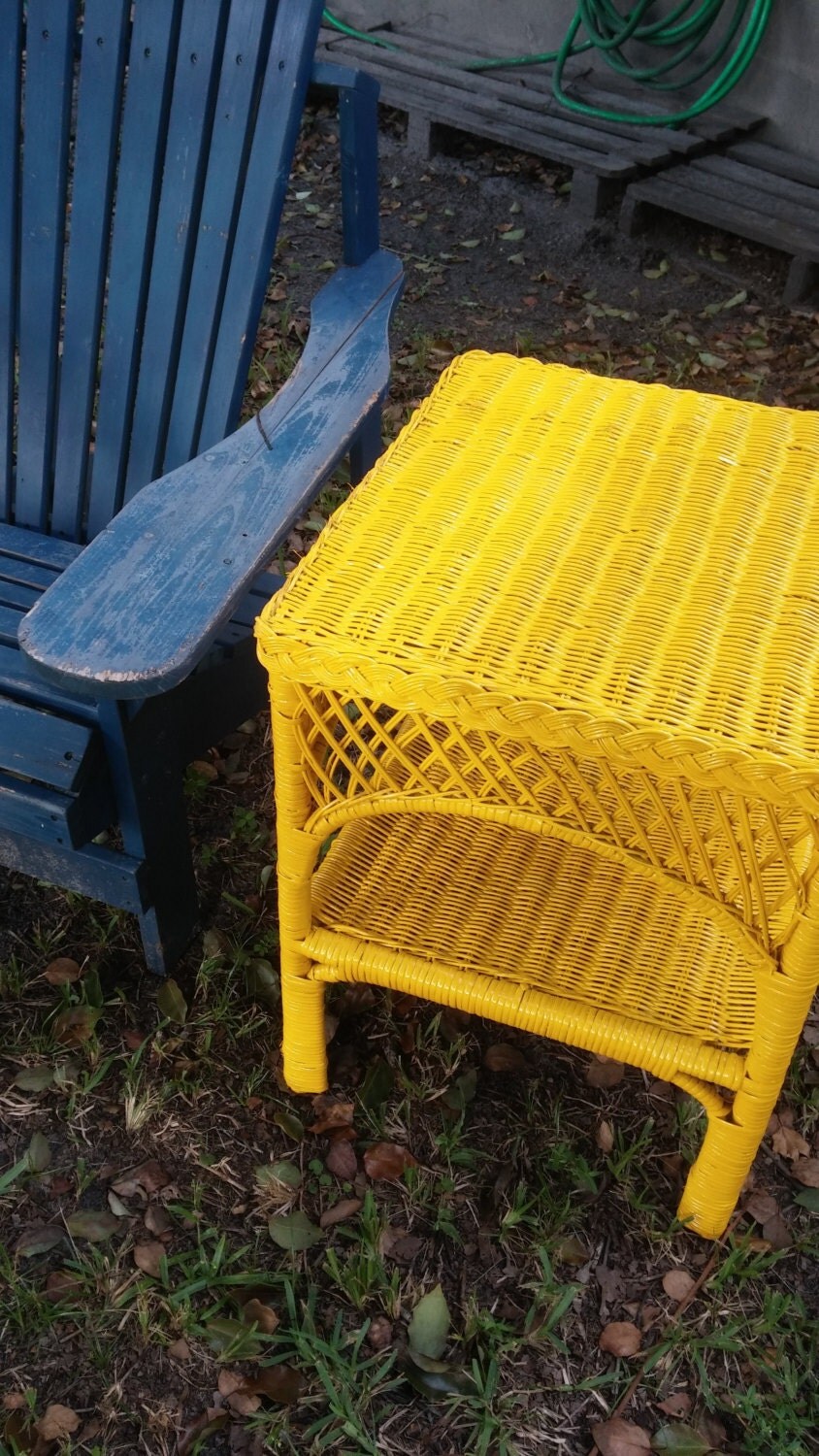 Upscaled vintage lemon yellow wicker side table, shabby chic table