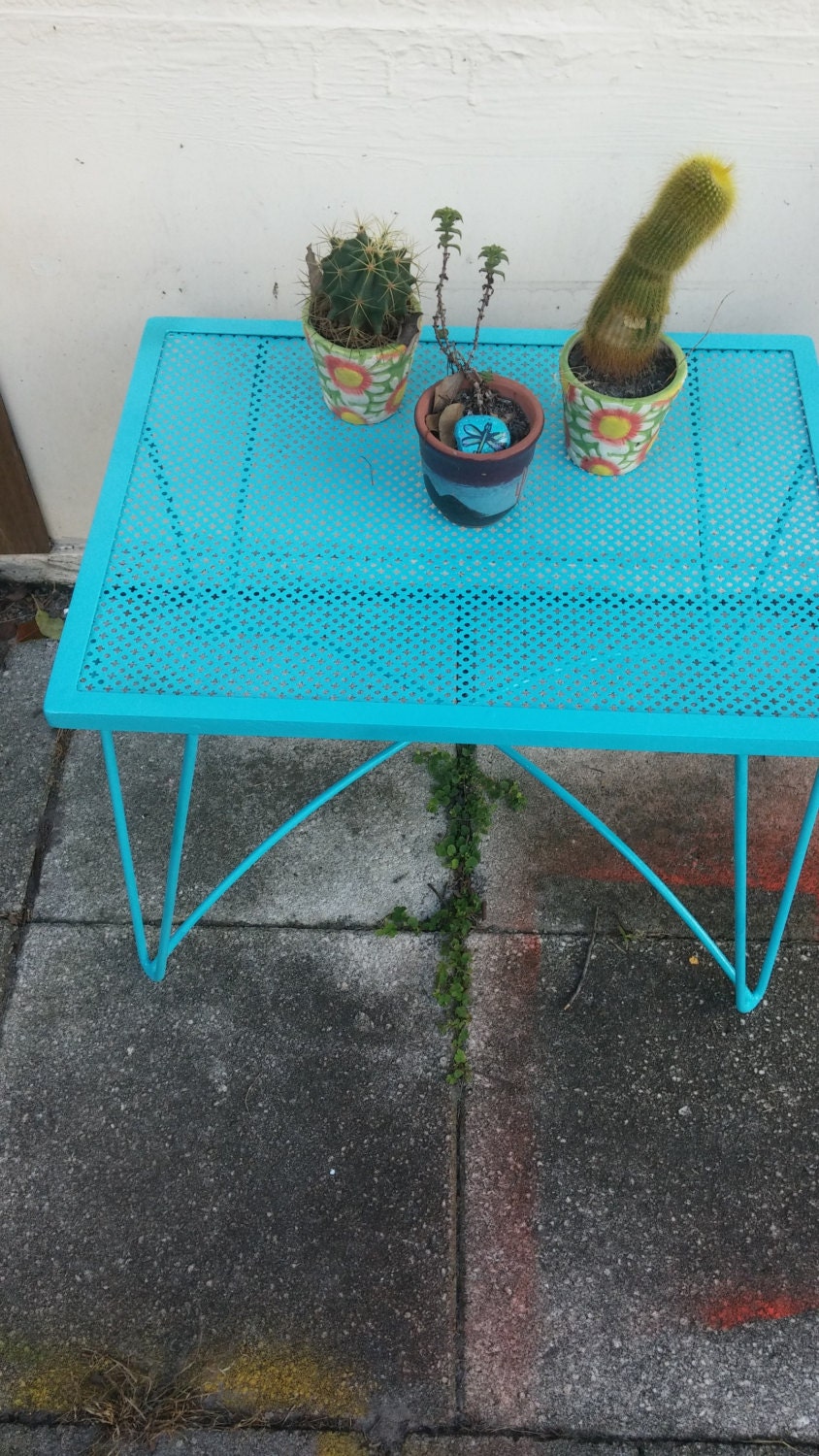Vintage turquoise metal side table, MidCentury Turquoise Blue Metal Mesh Patio Tables, side