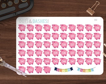 B12- 52 week saving challenge, saving challenge, saving reminder stickers, planner stickers, planner savings, piggy bank stickers