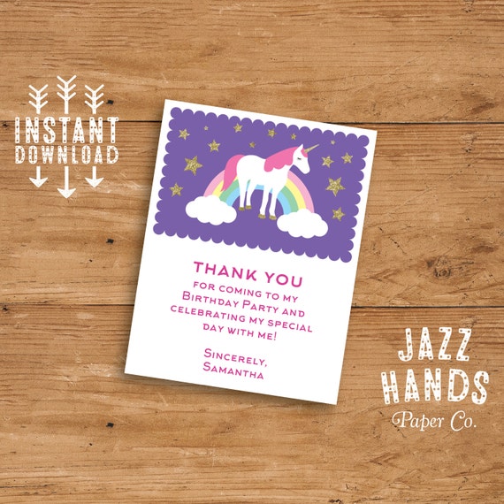 unicorn birthday thank you card template diy printable unicorn