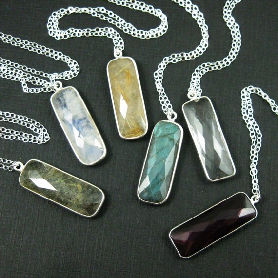 Items similar to Long Bar Necklace / Sterling Silver Bezel Gemstone Bar