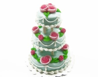 Dollhouse Miniature Food 3 Layer Special Blue Cake Rose Wedding Cake Deco Supply Charms Set - 8085