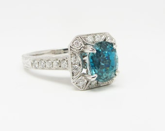 14K White Gold Blue Zircon & Diamond Ring