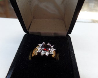 14 kt gold electroplate genuine garnet and cz ring size 7, new old stock