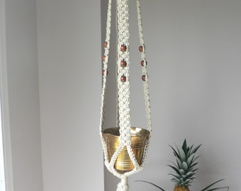 60 Inch Vintage 70's Macrame and Bead Plant Hanger - Vintage Macrame Hanger - Beige - White Macrame Plant Hanger Boho Macrame Plant Hanger