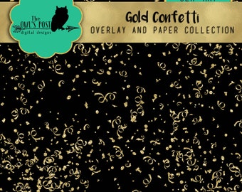 Digital Gold Glitter Confetti Overlay and Paper Pack | 1 PNG Photo Overlay & 6 Digital Papers |Great for Scrapbooking, Design, Blogging etc