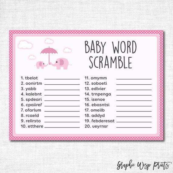 Elephant Baby Shower Word Scramble Game by GraphicWispPrints