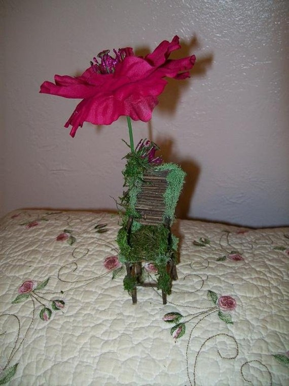 Handmade Tall Fairy Garden Chair with Raspberry Pink Umbrella