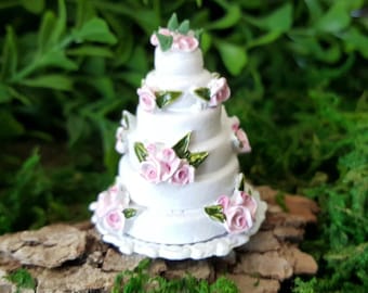 Miniature Wedding Cake with Pink Flowers