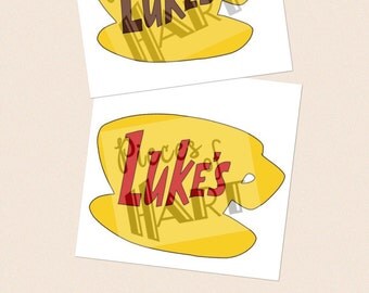 Yellow Gilmore Girls Luke's Diner adhesive vinyl decal with brown or red text for windows, cups, mugs, and more
