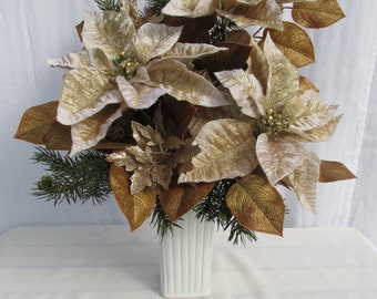 Champagne and gold poinsettia Christmas floral: Tall white ceramic vase/Antique gold rose leaves/Christmas branches/Silk poinsettia flowers