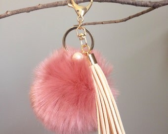 pom pom and tassel keychain, tassel keychain, Faux fur pom Pom with tassel key chains, furry key chains, large fur balls, pom-pom keychain