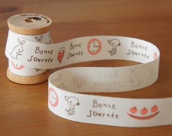2 metres/10 metres: Bonne Journee Zakka Cotton Ribbon 20mm Pink Brown Cute Rabbit Bear French Greetings Sewing Label Scrapbook Craft DIY