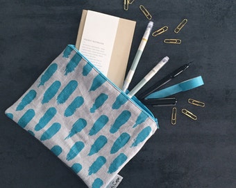 Blue pouch, makeup bag with waterproof lining // zipper pouch, cosmetics bag, pencil case