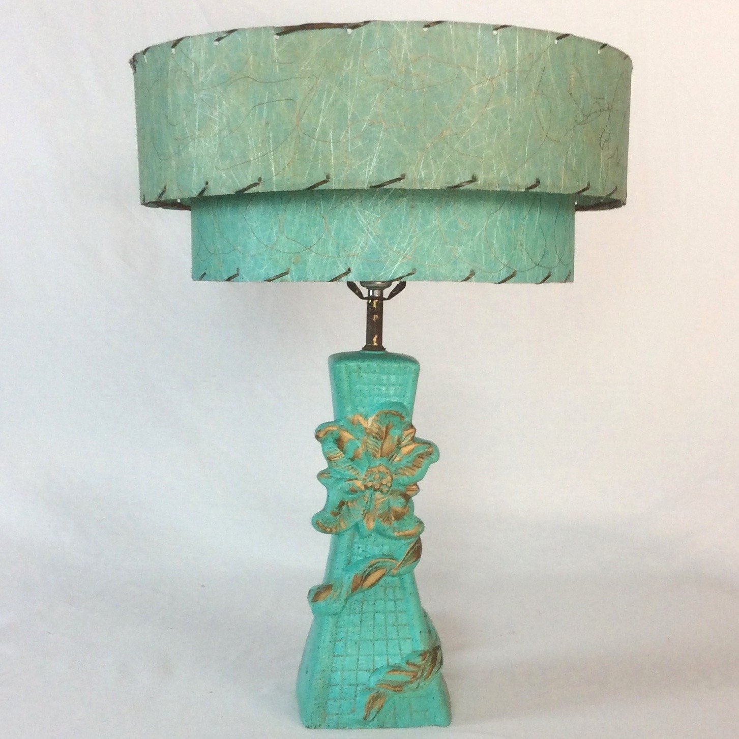 1950s Turquoise Lamp and Fiberglass Lampshade
