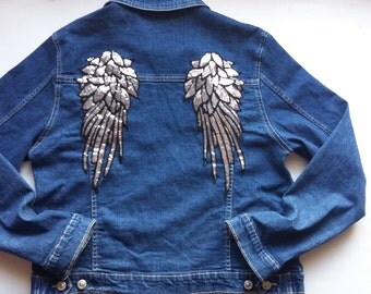 denim jacket with sequin angel wings