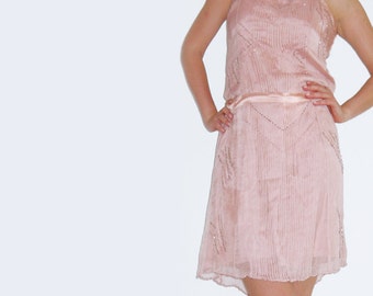 Beaded Flapper Dress, Powder Pink sequin dress, pink beaded cocktail dress, Great Gatsby Flapper dress, 20s dress, downtown abbey dress