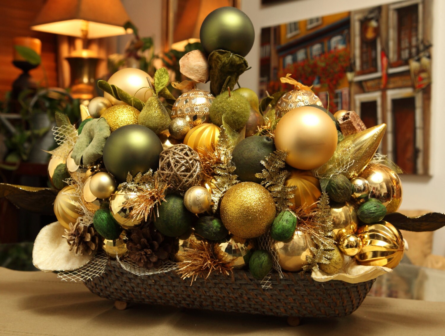 Christmas, Christmas decoration Emerald ochre, Center table, Christmas