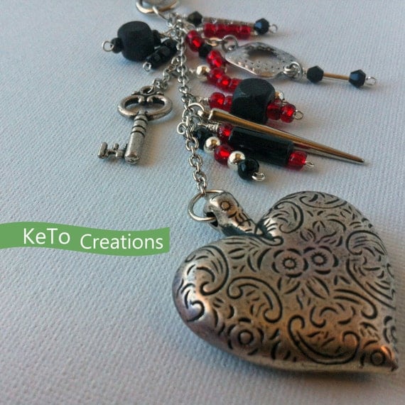 Steampunk Purse Accessory with Metal Heart and Key Charms, Red & Black Beaded Key Fob to Personalize Your Bag