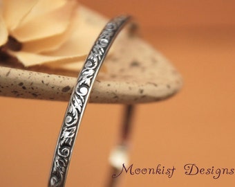 Floral Sterling Silver Bangle Bracelet - Tendril and Vine Bracelet - Silver Floral Pattern Bangle - Ready To Ship