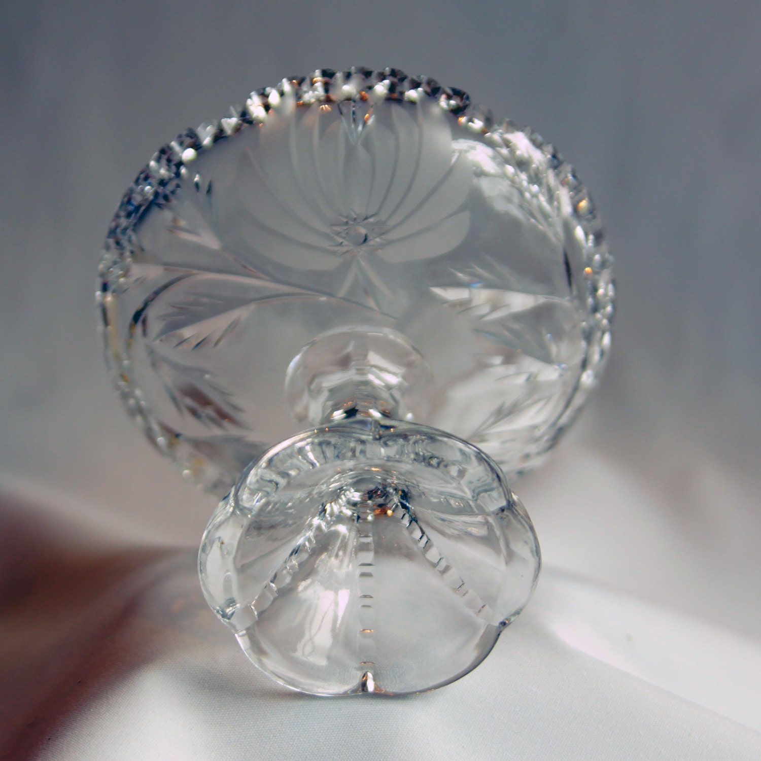 Wheel Cut Vintage Footed Crystal Compote Candy Nut DIsh